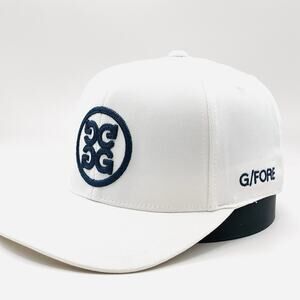 EUC G/Fore Flexfit 110 White Navy Blue stitched Snapback Golf Cap Hat Adult OSFM